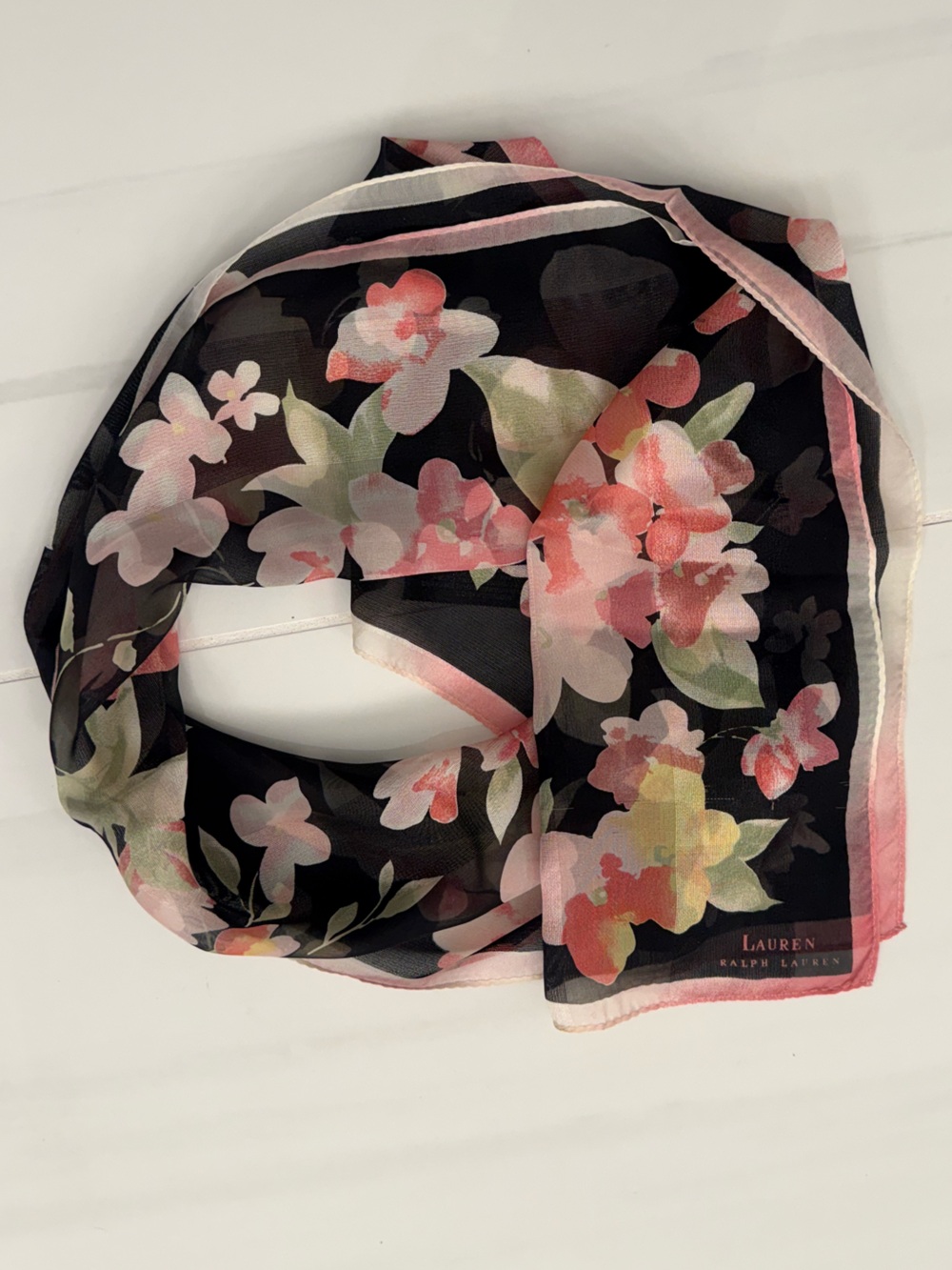 Lauren Ralph Lauren Floral Sheer Silk Scarf with Peach and Green Blooms